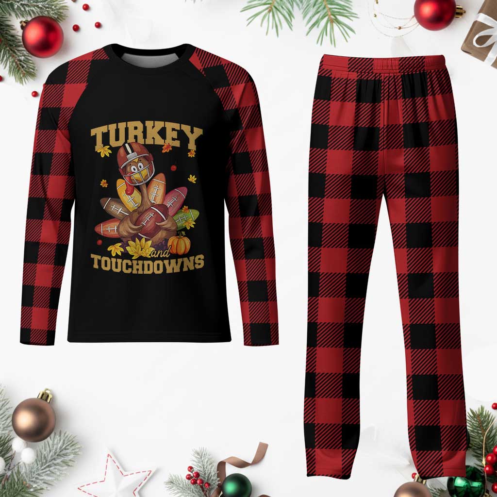 Funny Turkey And Touchdowns Plaid Pajama Set Thanksgiving American Football Fall Season - Wonder Print Shop