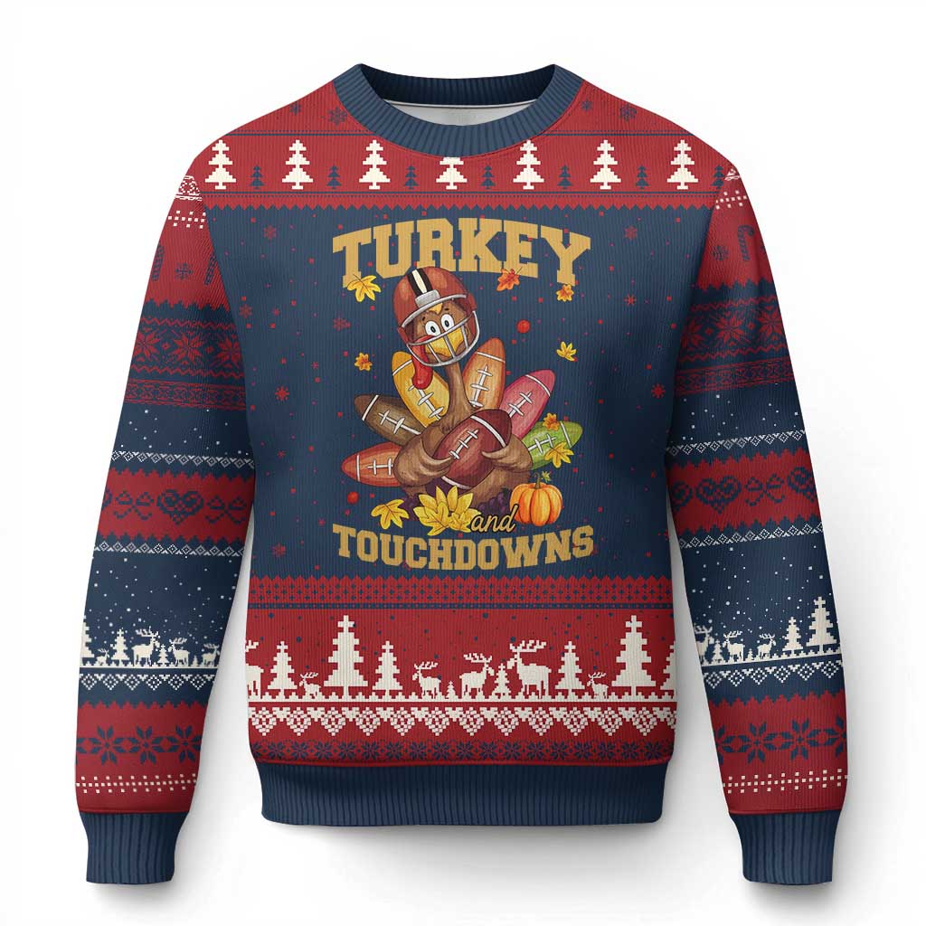 Funny Turkey And Touchdowns Ugly Christmas Sweater Thanksgiving American Football Fall Season - Wonder Print Shop