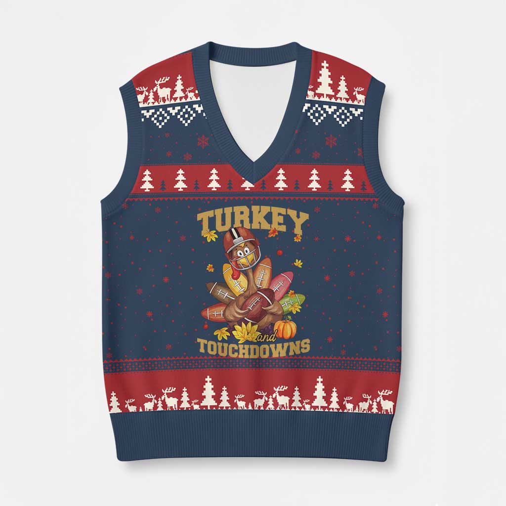 Funny Turkey And Touchdowns V-Neck Knit Sweater Vest Thanksgiving American Football Fall Season - Wonder Print Shop