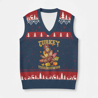 Funny Turkey And Touchdowns V-Neck Knit Sweater Vest Thanksgiving American Football Fall Season - Wonder Print Shop