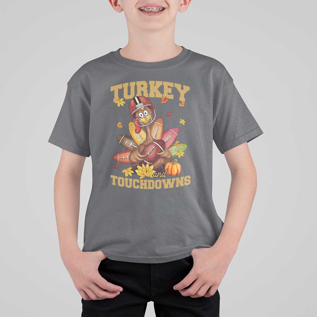 Funny Turkey And Touchdowns T Shirt For Kid Thanksgiving American Football Fall Season - Wonder Print Shop