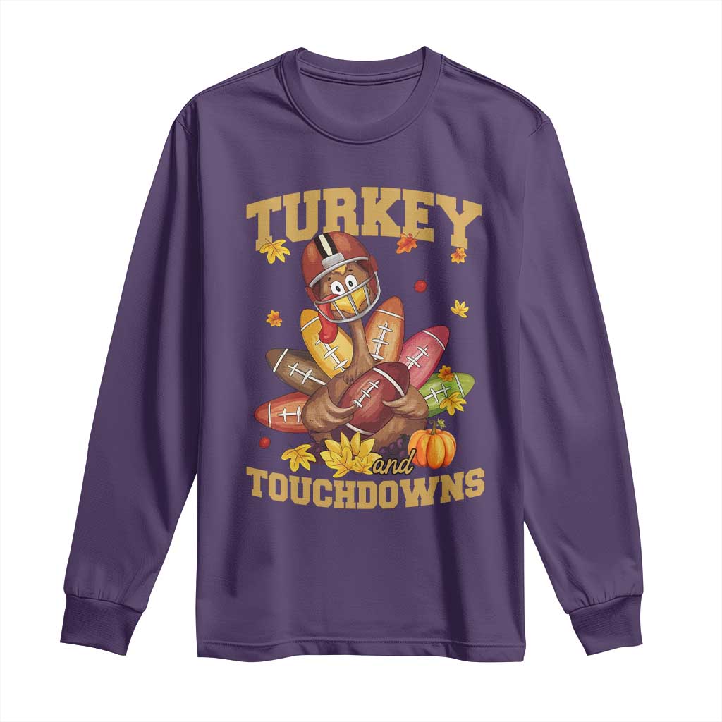 Funny Turkey And Touchdowns Long Sleeve Shirt Thanksgiving American Football Fall Season - Wonder Print Shop