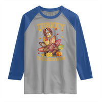Funny Turkey And Touchdowns Raglan Shirt Thanksgiving American Football Fall Season - Wonder Print Shop