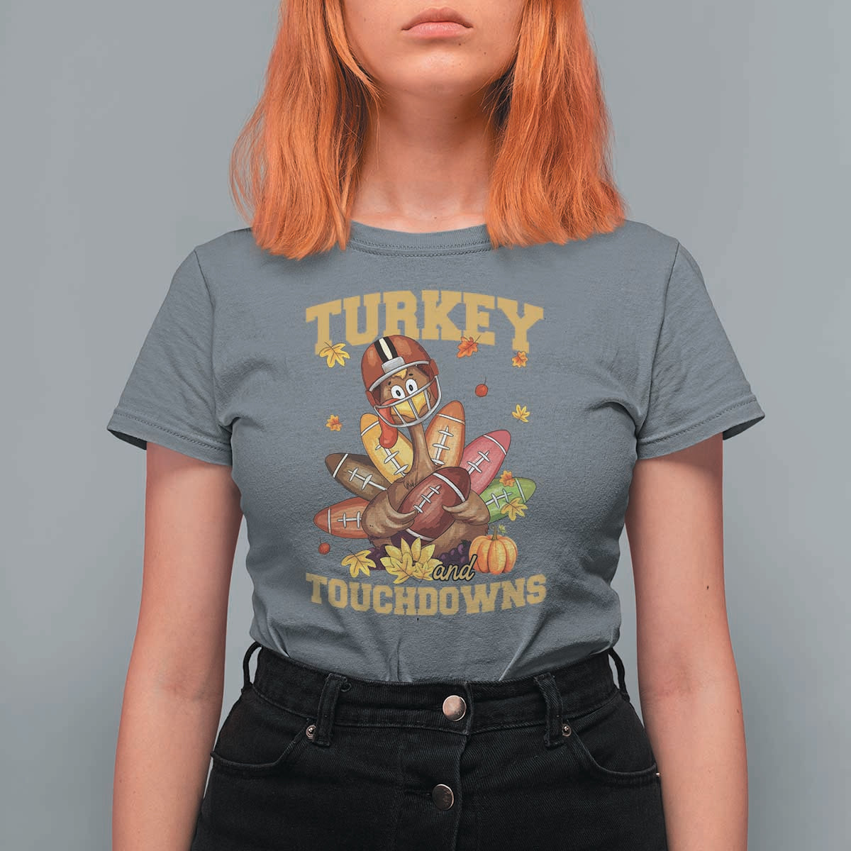 Funny Turkey And Touchdowns T Shirt For Women Thanksgiving American Football Fall Season - Wonder Print Shop