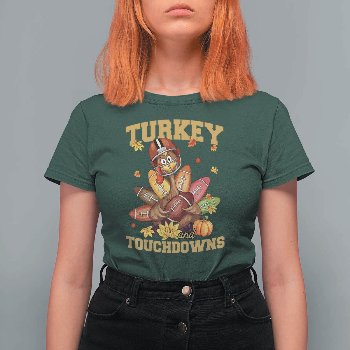 Funny Turkey And Touchdowns T Shirt For Women Thanksgiving American Football Fall Season - Wonder Print Shop