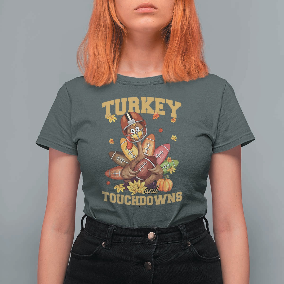 Funny Turkey And Touchdowns T Shirt For Women Thanksgiving American Football Fall Season - Wonder Print Shop