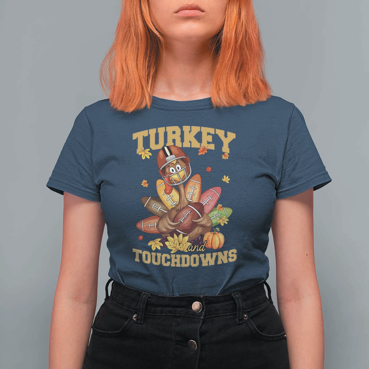 Funny Turkey And Touchdowns T Shirt For Women Thanksgiving American Football Fall Season - Wonder Print Shop