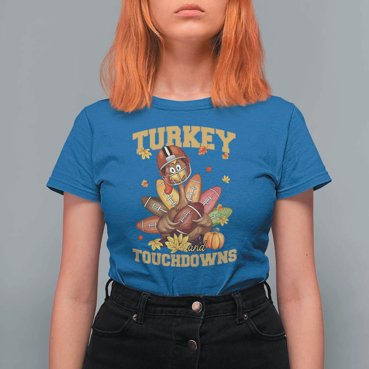 Funny Turkey And Touchdowns T Shirt For Women Thanksgiving American Football Fall Season - Wonder Print Shop