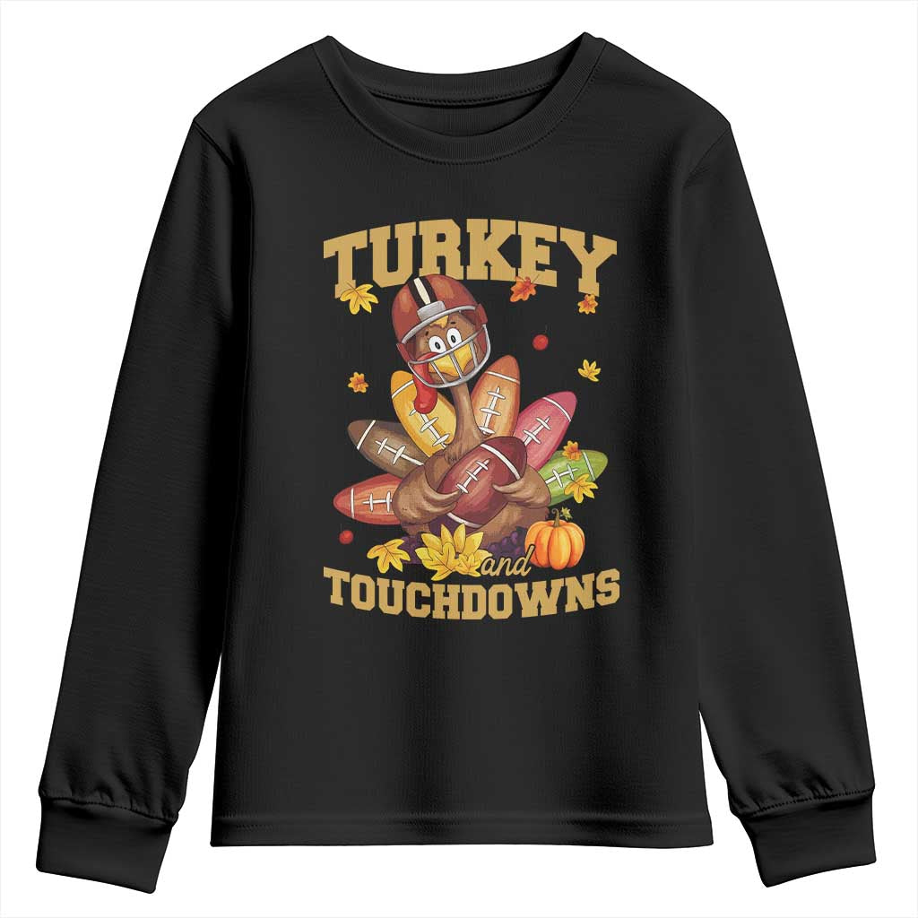 Funny Turkey And Touchdowns Youth Sweatshirt Thanksgiving American Football Fall Season - Wonder Print Shop