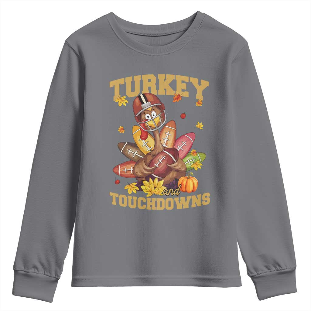Funny Turkey And Touchdowns Youth Sweatshirt Thanksgiving American Football Fall Season - Wonder Print Shop