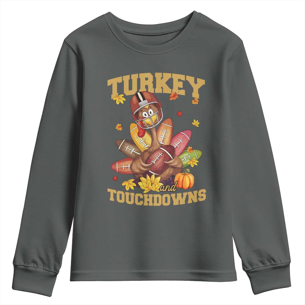 Funny Turkey And Touchdowns Youth Sweatshirt Thanksgiving American Football Fall Season - Wonder Print Shop