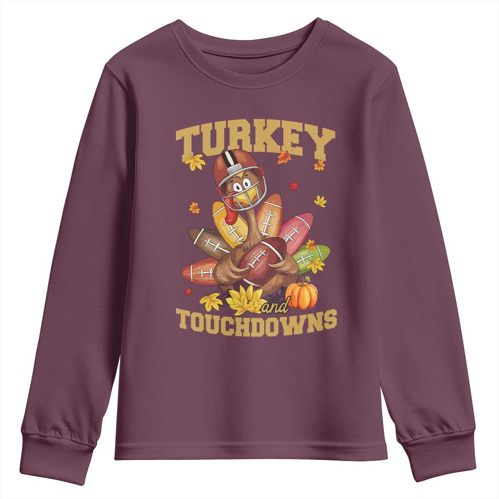 Funny Turkey And Touchdowns Youth Sweatshirt Thanksgiving American Football Fall Season - Wonder Print Shop