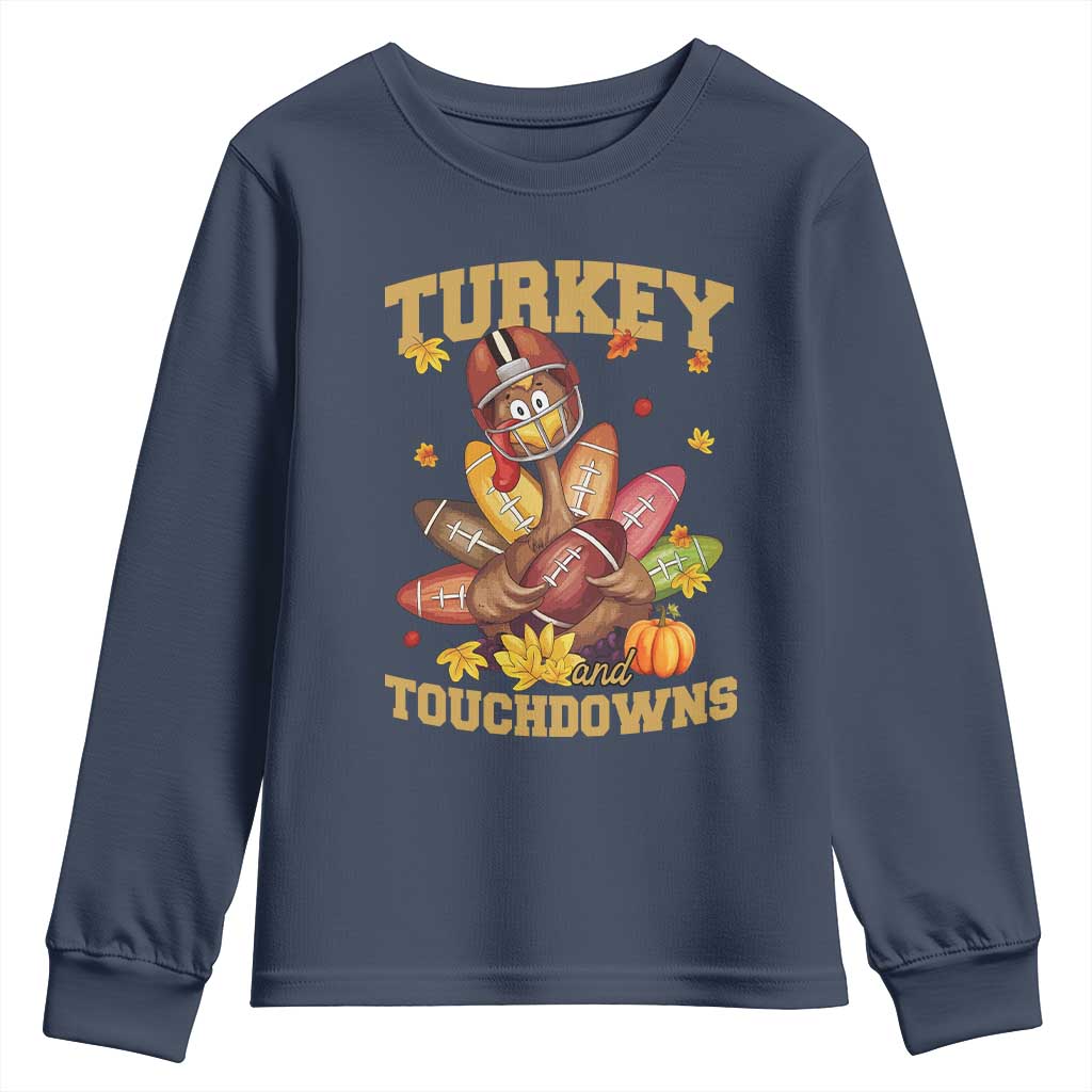 Funny Turkey And Touchdowns Youth Sweatshirt Thanksgiving American Football Fall Season - Wonder Print Shop
