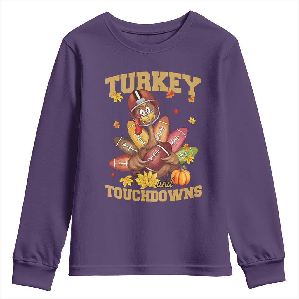Funny Turkey And Touchdowns Youth Sweatshirt Thanksgiving American Football Fall Season - Wonder Print Shop
