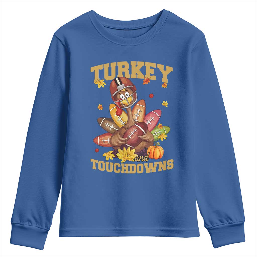 Funny Turkey And Touchdowns Youth Sweatshirt Thanksgiving American Football Fall Season - Wonder Print Shop