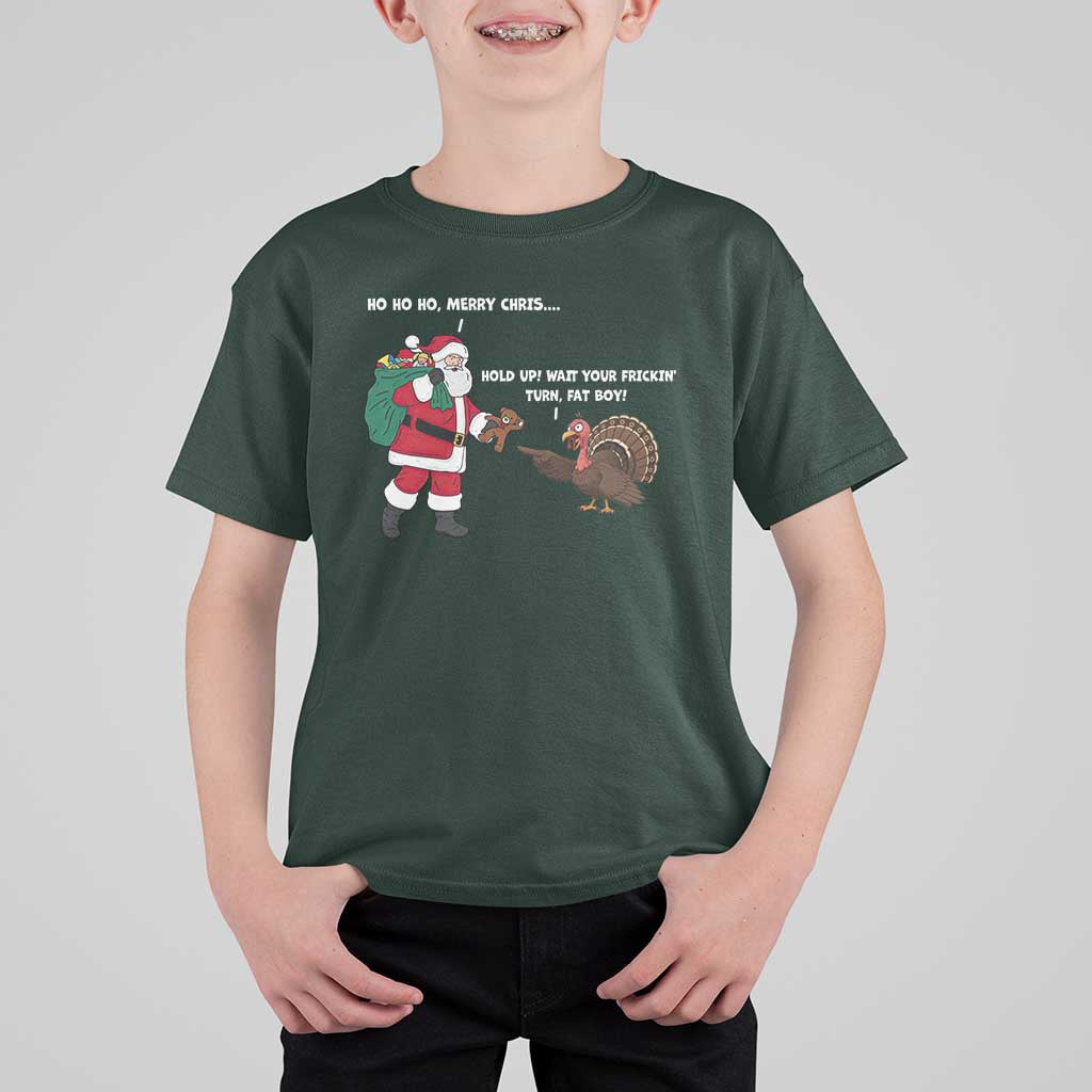 Funny Thanksgiving Christmas T Shirt For Kid Wait Your Turn Fat Boy Santa Turkey Thanksmas - Wonder Print Shop