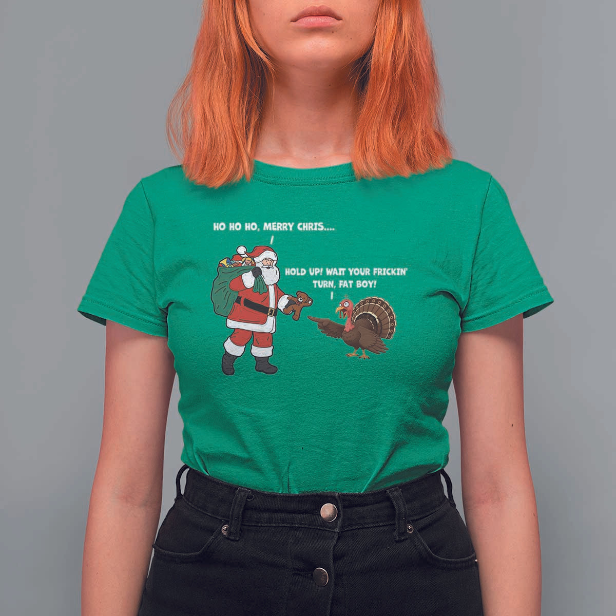 Funny Thanksgiving Christmas T Shirt For Women Wait Your Turn Fat Boy Santa Turkey Thanksmas - Wonder Print Shop