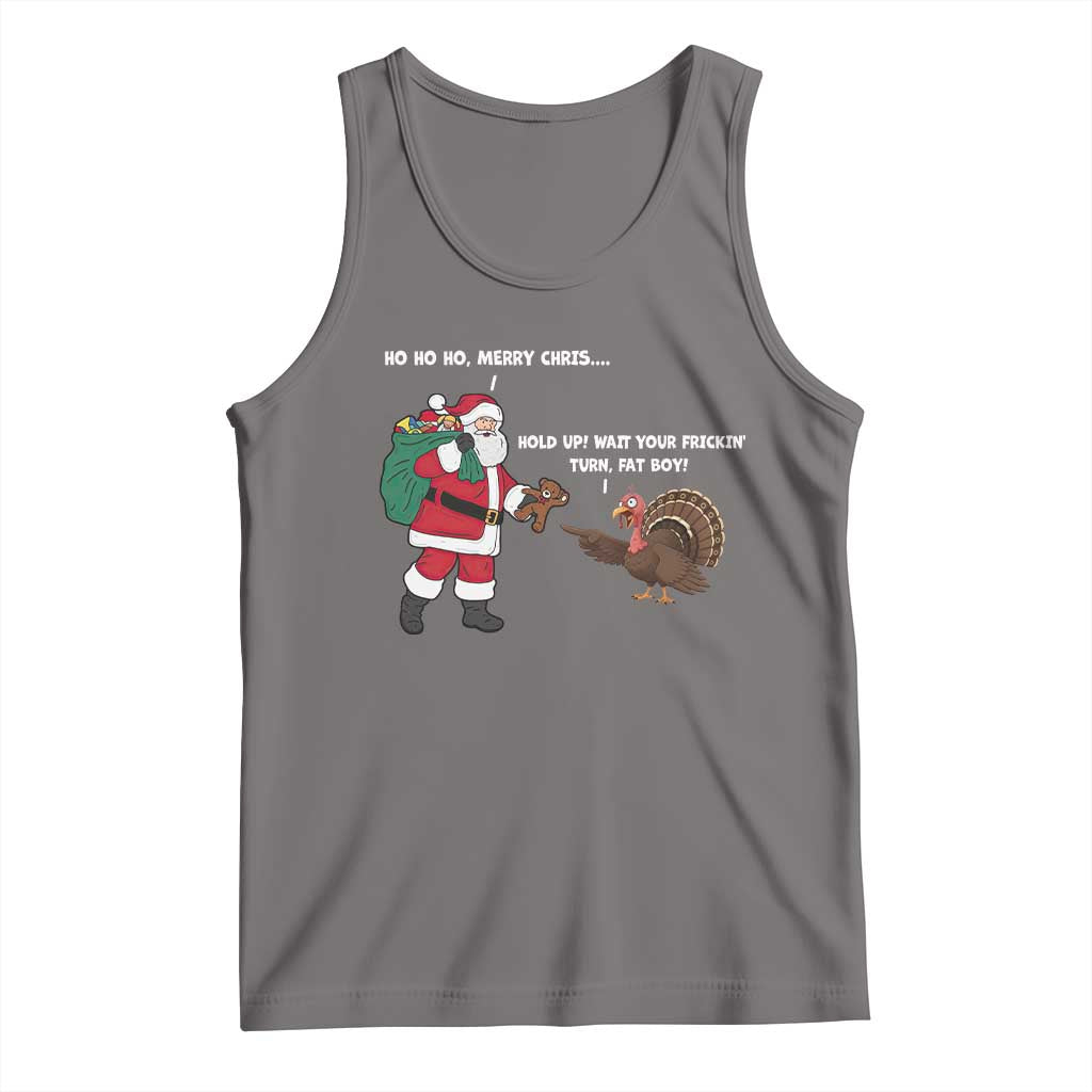 Funny Thanksgiving Christmas Tank Top Wait Your Turn Fat Boy Santa Turkey Thanksmas - Wonder Print Shop