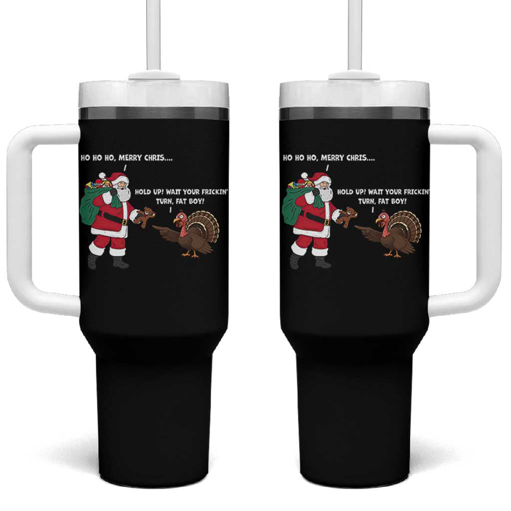 Funny Thanksgiving Christmas Tumbler With Handle Wait Your Turn Fat Boy Santa Turkey Thanksmas - Wonder Print Shop