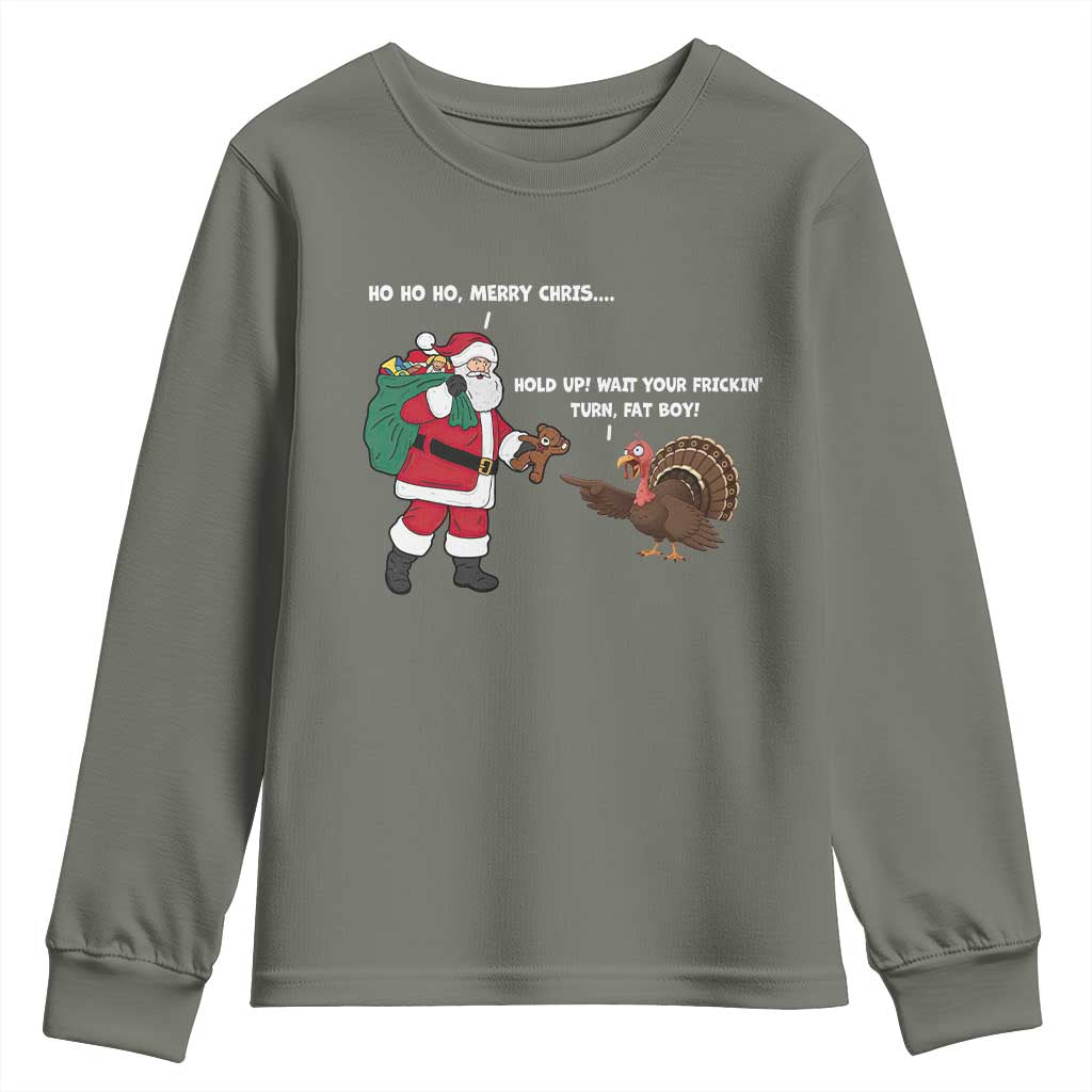 Funny Thanksgiving Christmas Youth Sweatshirt Wait Your Turn Fat Boy Santa Turkey Thanksmas - Wonder Print Shop
