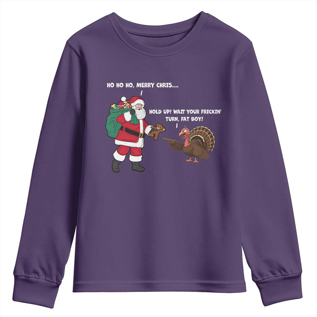 Funny Thanksgiving Christmas Youth Sweatshirt Wait Your Turn Fat Boy Santa Turkey Thanksmas - Wonder Print Shop