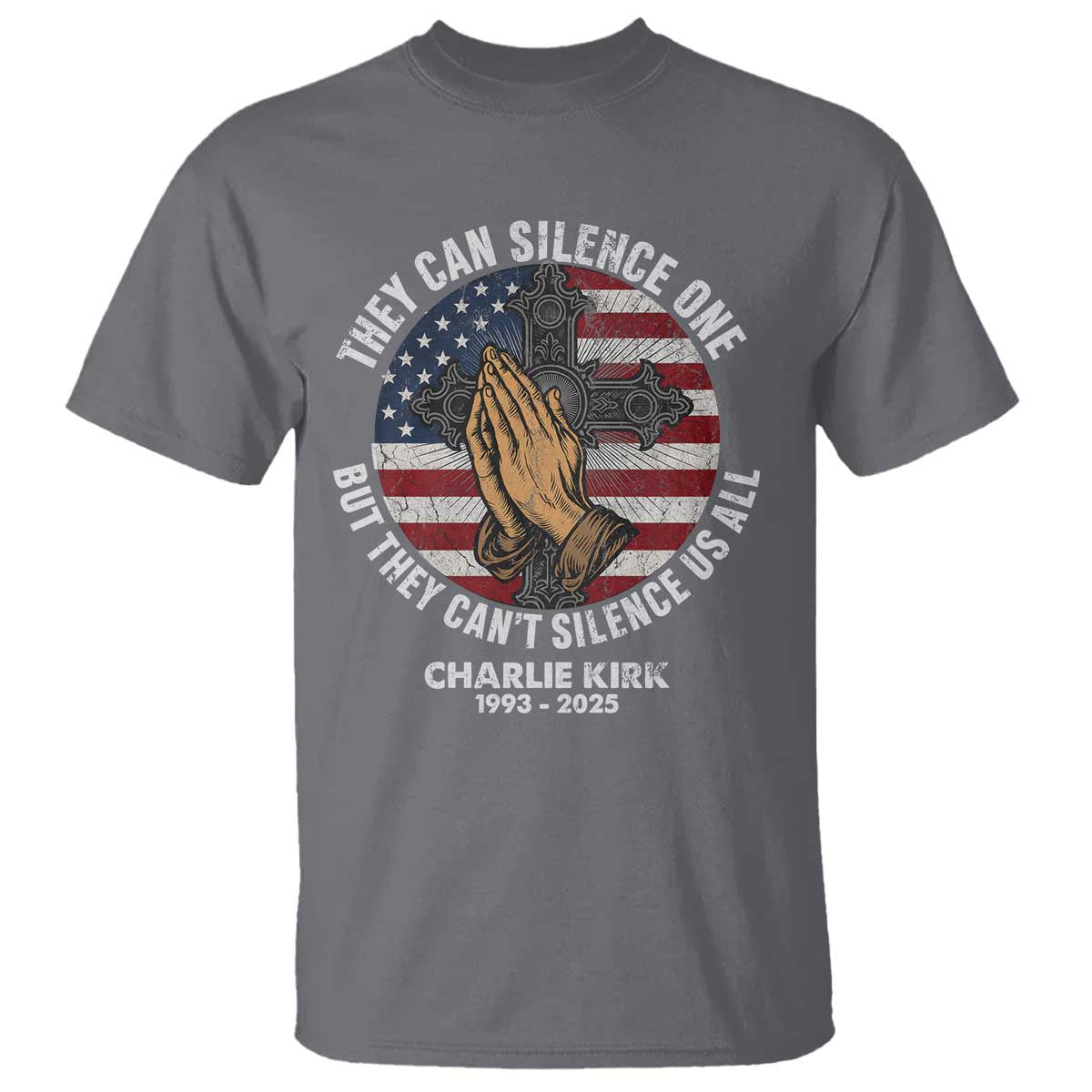 Charlie Kirk Memorial T Shirt They Can Silence One But They Cant Silence Us All - Wonder Print Shop