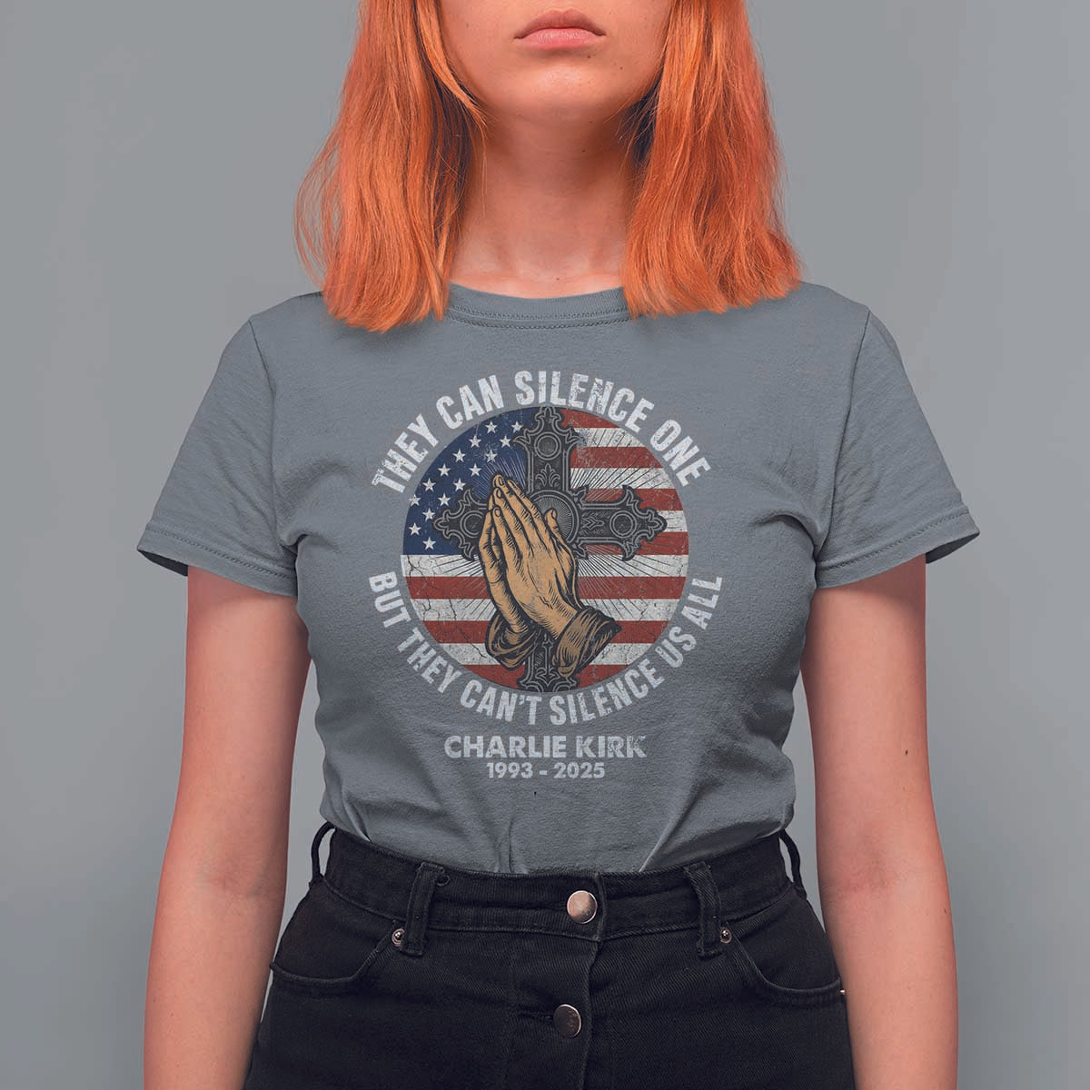 Charlie Kirk Memorial T Shirt For Women They Can Silence One But They Cant Silence Us All - Wonder Print Shop