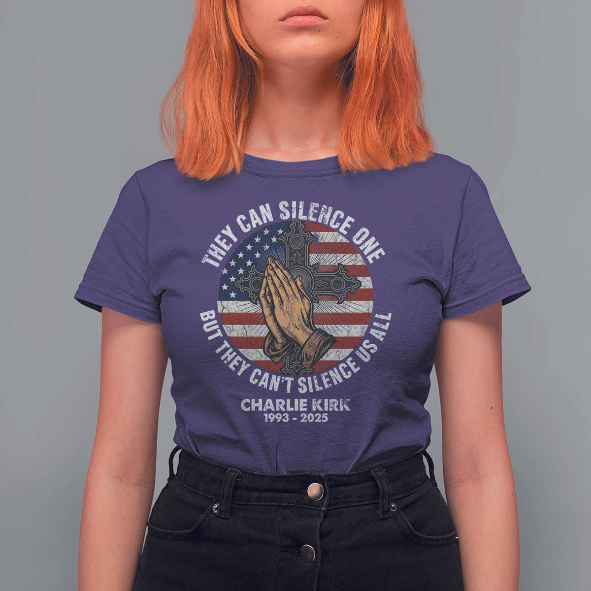 Charlie Kirk Memorial T Shirt For Women They Can Silence One But They Cant Silence Us All - Wonder Print Shop