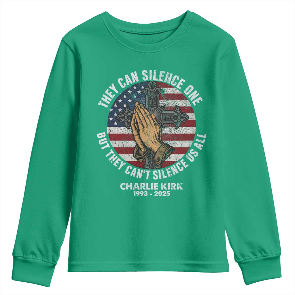 Charlie Kirk Memorial Youth Sweatshirt They Can Silence One But They Cant Silence Us All - Wonder Print Shop