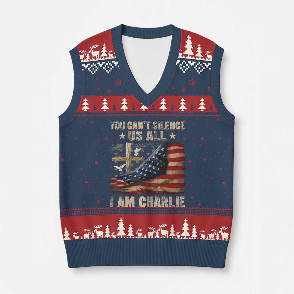 I Am Charlie Kirk V-Neck Knit Sweater Vest You Cant Silence Us All Vintage American Flag - Wonder Print Shop