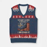 I Am Charlie Kirk V-Neck Knit Sweater Vest You Cant Silence Us All Vintage American Flag - Wonder Print Shop
