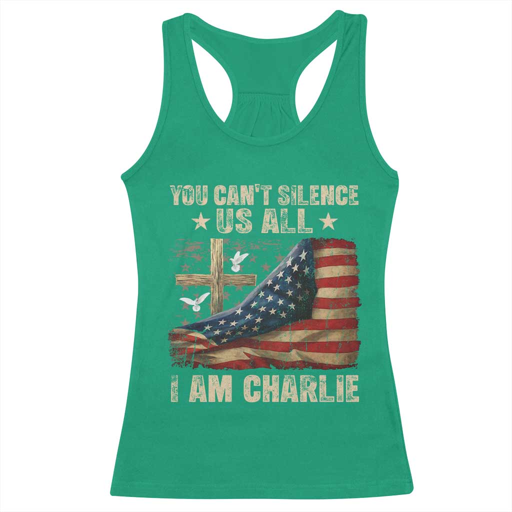 I Am Charlie Kirk Racerback Tank Top You Cant Silence Us All Vintage American Flag - Wonder Print Shop