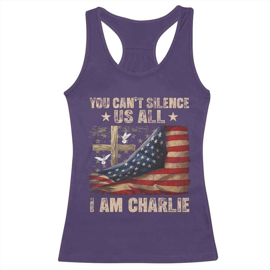 I Am Charlie Kirk Racerback Tank Top You Cant Silence Us All Vintage American Flag - Wonder Print Shop