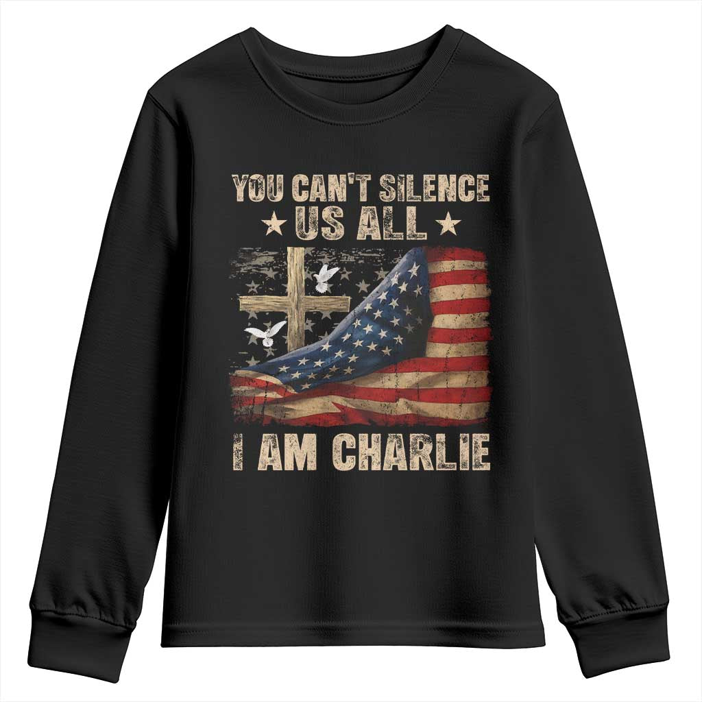 I Am Charlie Kirk Youth Sweatshirt You Cant Silence Us All Vintage American Flag - Wonder Print Shop