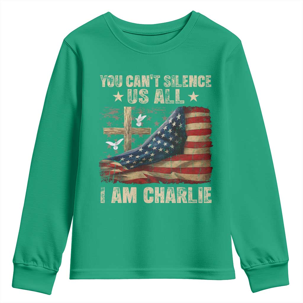 I Am Charlie Kirk Youth Sweatshirt You Cant Silence Us All Vintage American Flag - Wonder Print Shop