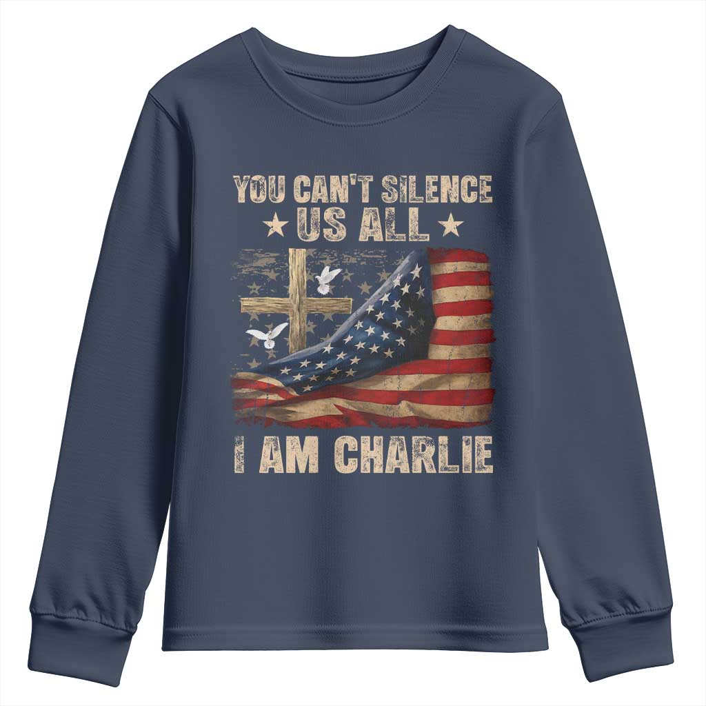 I Am Charlie Kirk Youth Sweatshirt You Cant Silence Us All Vintage American Flag - Wonder Print Shop