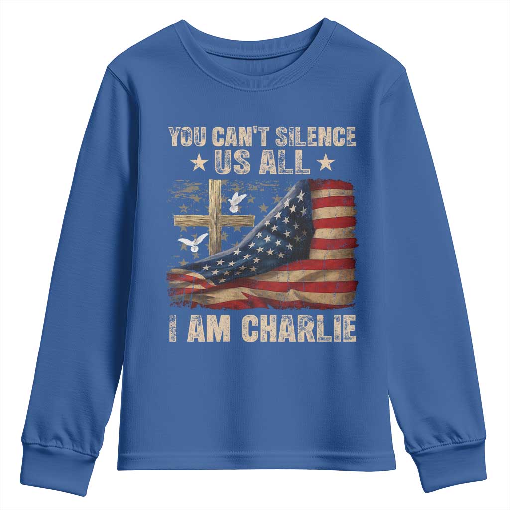 I Am Charlie Kirk Youth Sweatshirt You Cant Silence Us All Vintage American Flag - Wonder Print Shop