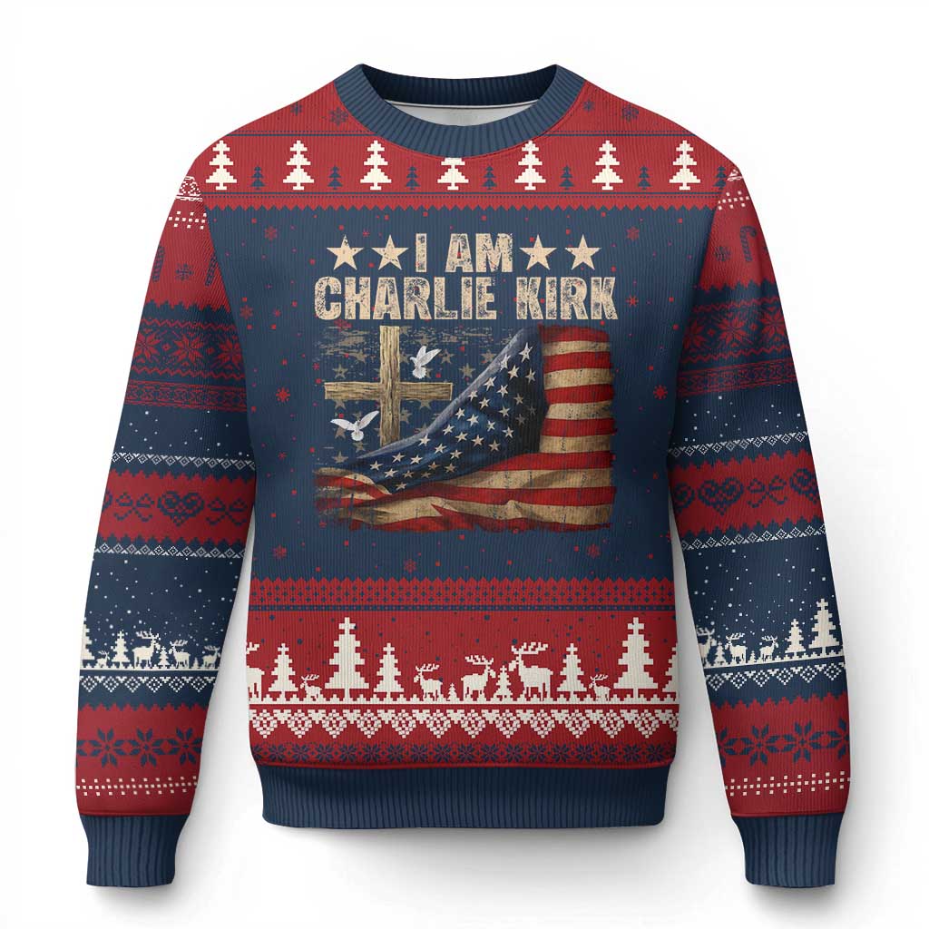 I Am Charlie Kirk Ugly Christmas Sweater Freedom Vintage American Flag - Wonder Print Shop