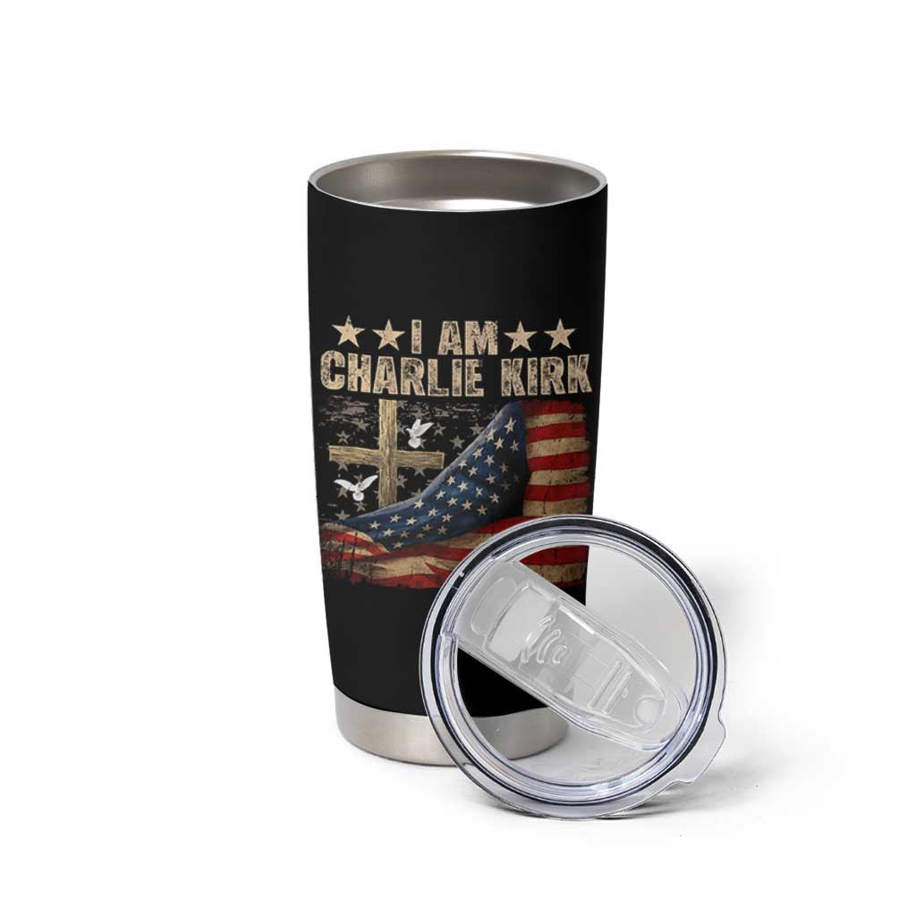 I Am Charlie Kirk Tumbler Cup Freedom Vintage American Flag - Wonder Print Shop