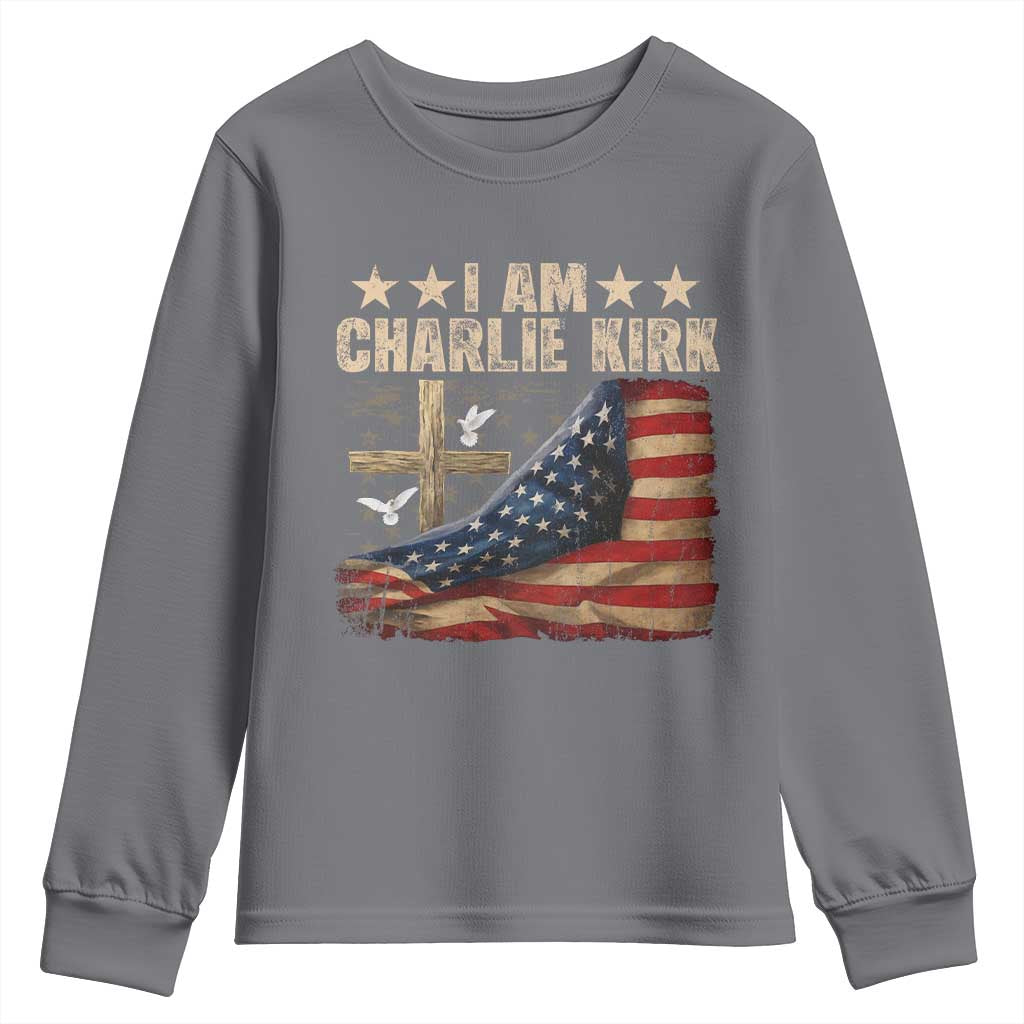 I Am Charlie Kirk Youth Sweatshirt Freedom Vintage American Flag - Wonder Print Shop
