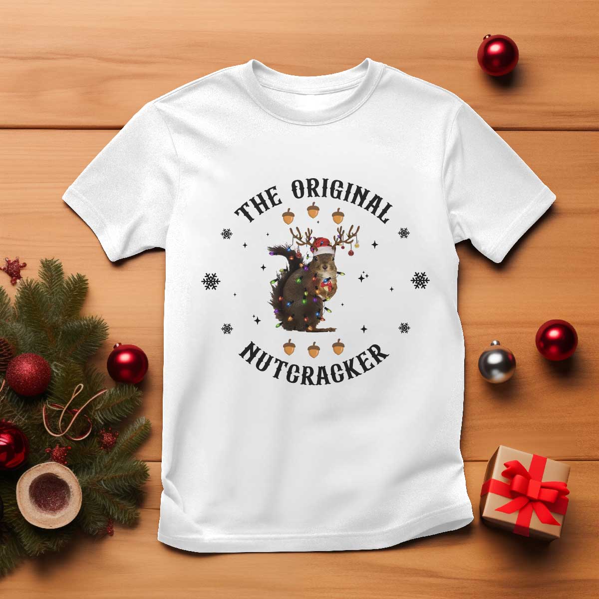 Funny Christmas Squirrel T Shirt The Original Nutcracker Snowflake Santa Hat - Wonder Print Shop