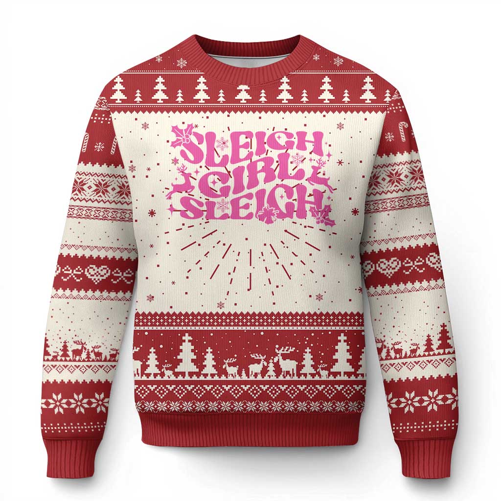 Funny Pink Xmas Ugly Christmas Sweater Sleigh Girl Sleigh Reindeer - Wonder Print Shop