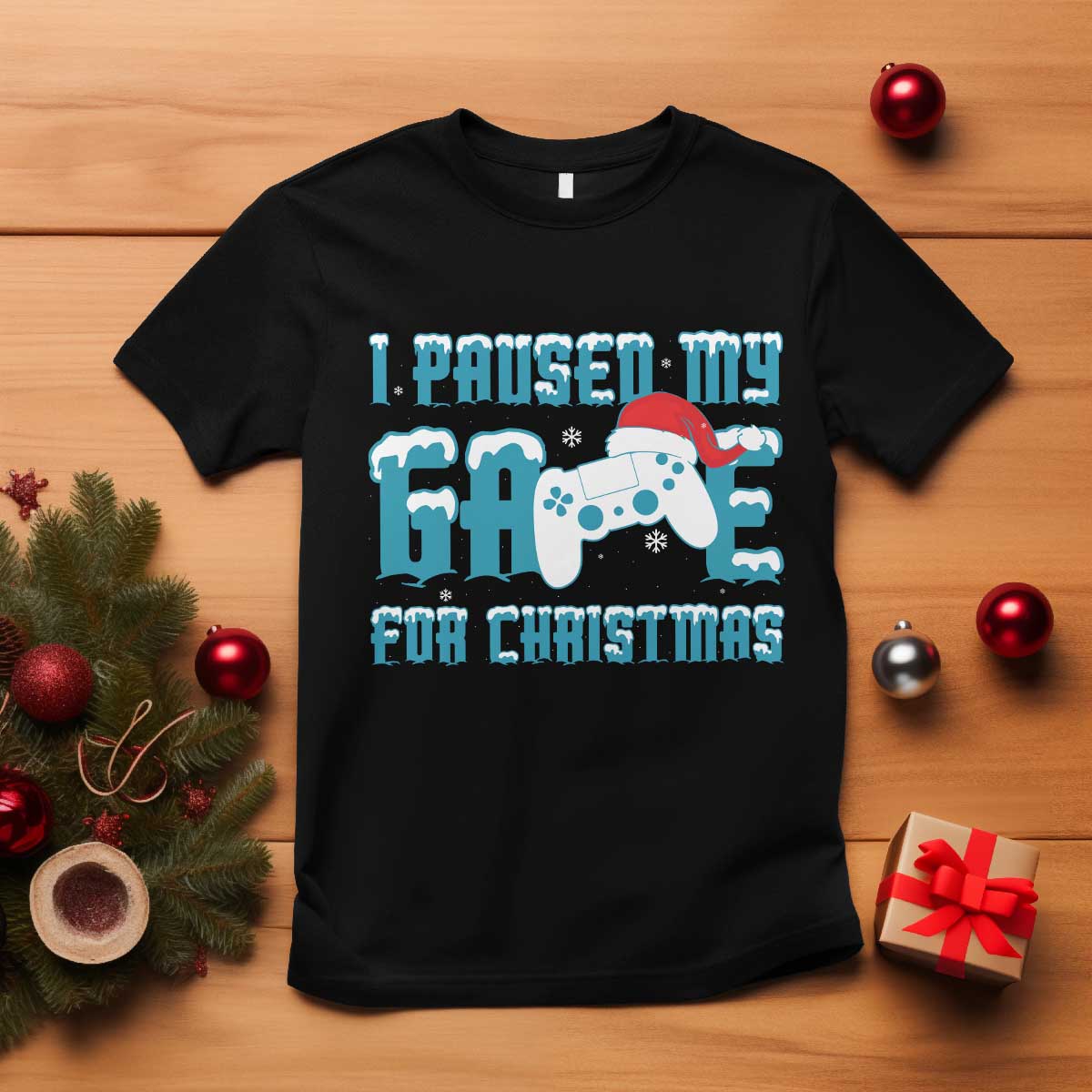 Funny Christmas Gamers T Shirt I Paused My Game For Christmas Snowy Santa Hat - Wonder Print Shop