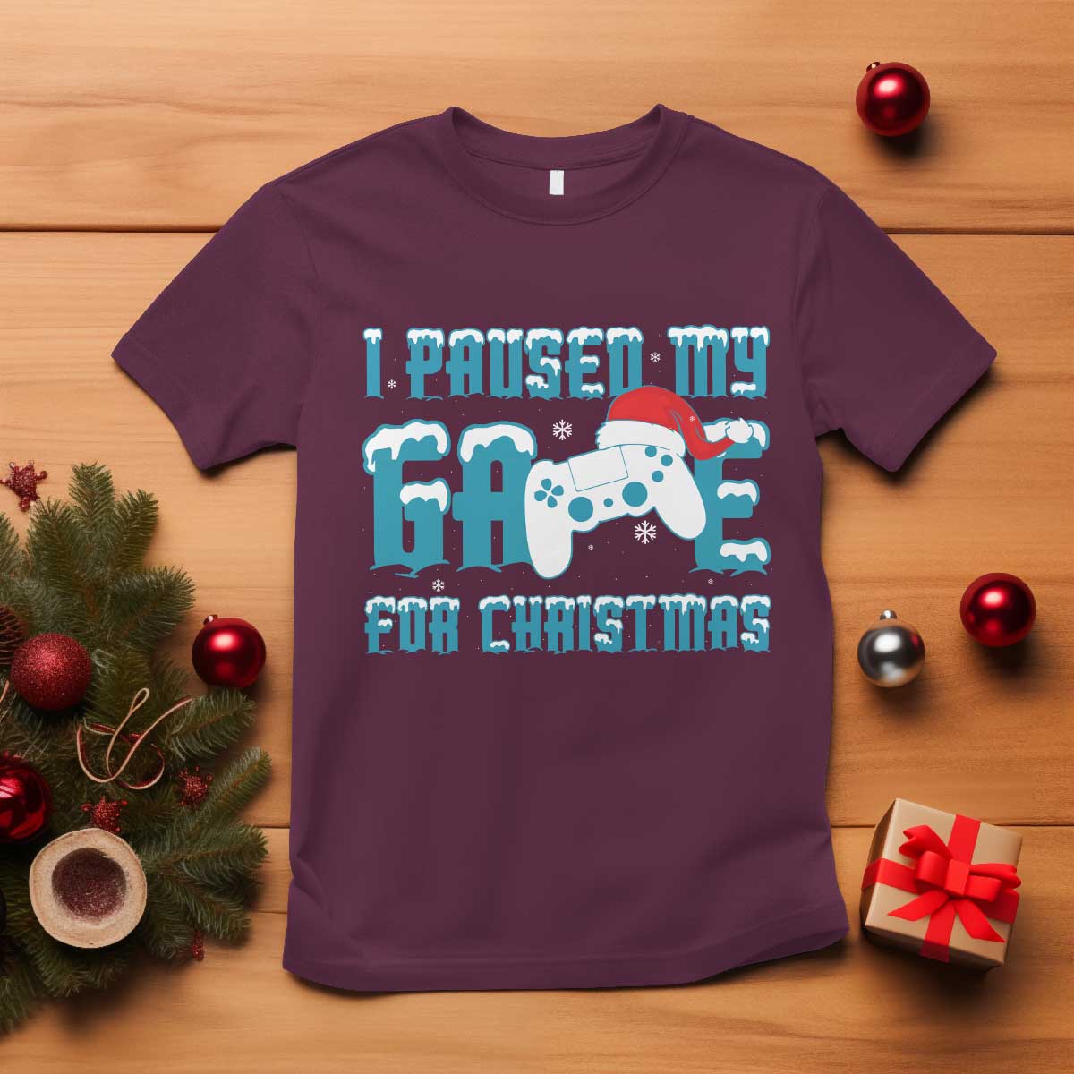 Funny Christmas Gamers T Shirt I Paused My Game For Christmas Snowy Santa Hat - Wonder Print Shop