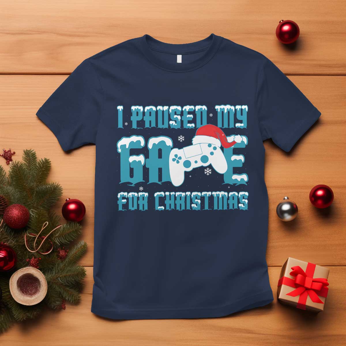 Funny Christmas Gamers T Shirt I Paused My Game For Christmas Snowy Santa Hat - Wonder Print Shop