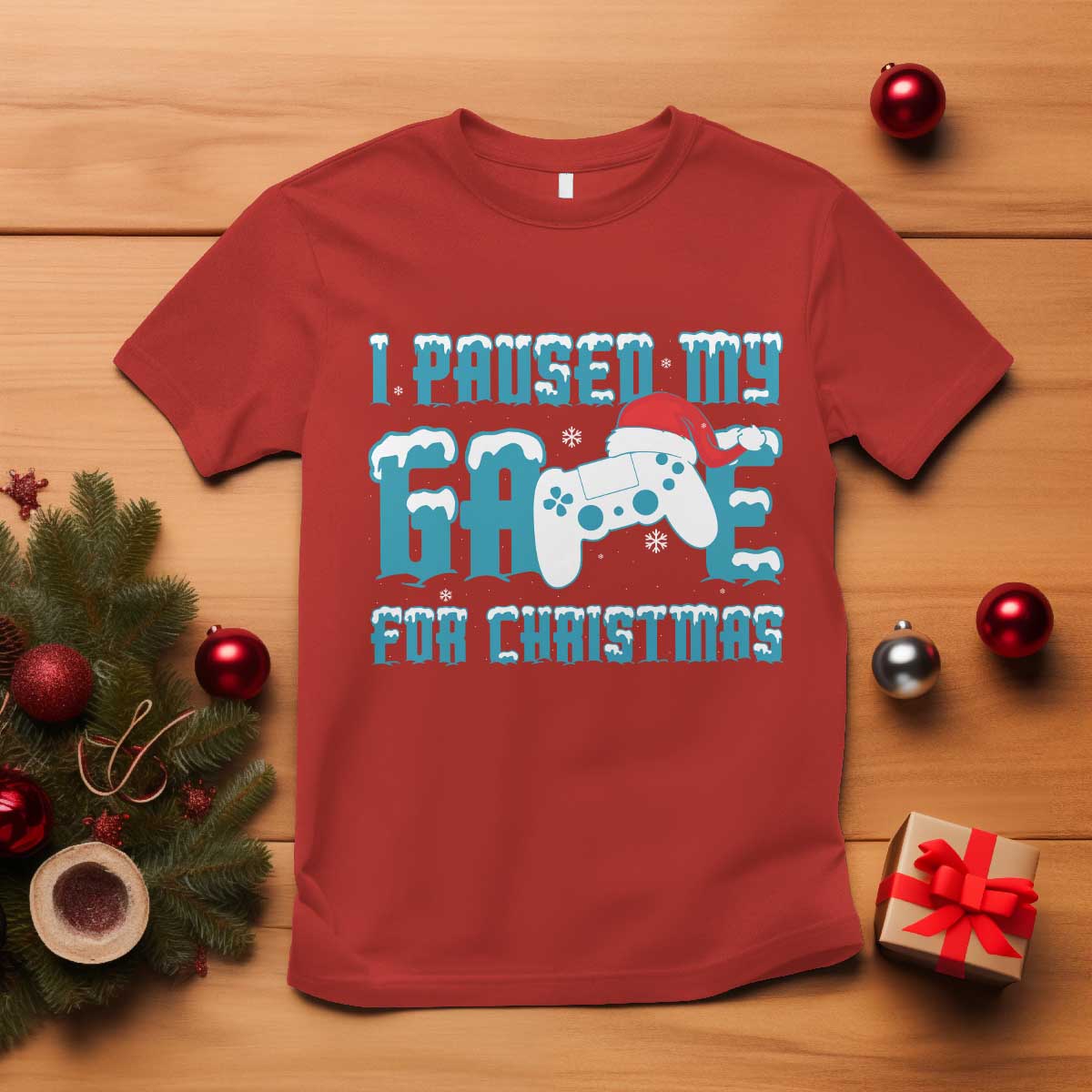 Funny Christmas Gamers T Shirt I Paused My Game For Christmas Snowy Santa Hat - Wonder Print Shop