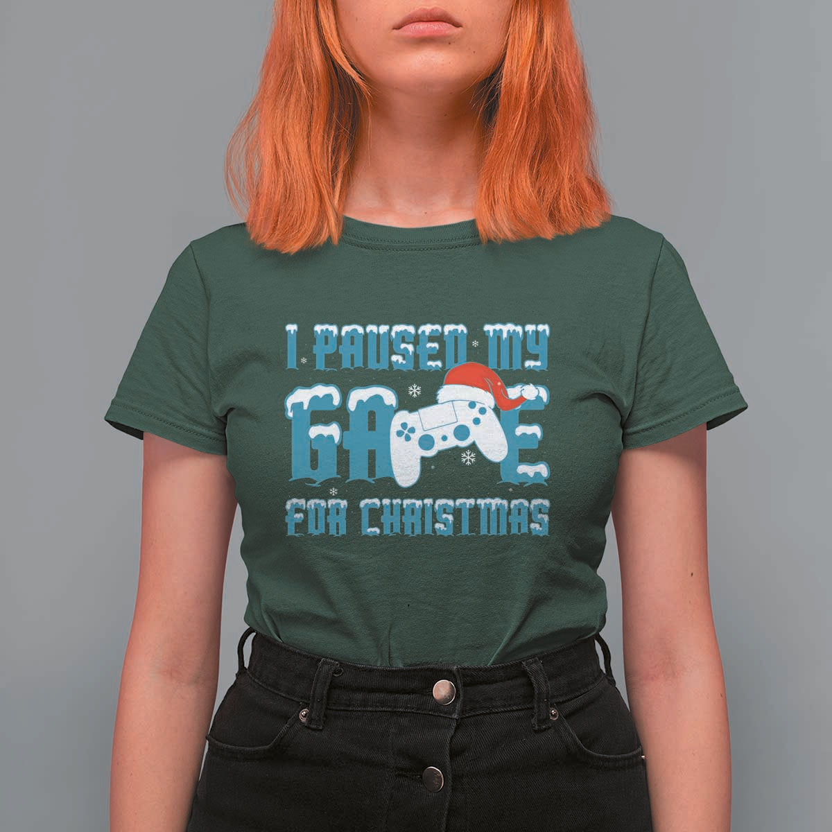 Funny Christmas Gamers T Shirt For Women I Paused My Game For Christmas Snowy Santa Hat - Wonder Print Shop