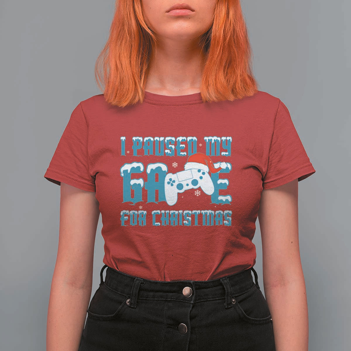 Funny Christmas Gamers T Shirt For Women I Paused My Game For Christmas Snowy Santa Hat - Wonder Print Shop