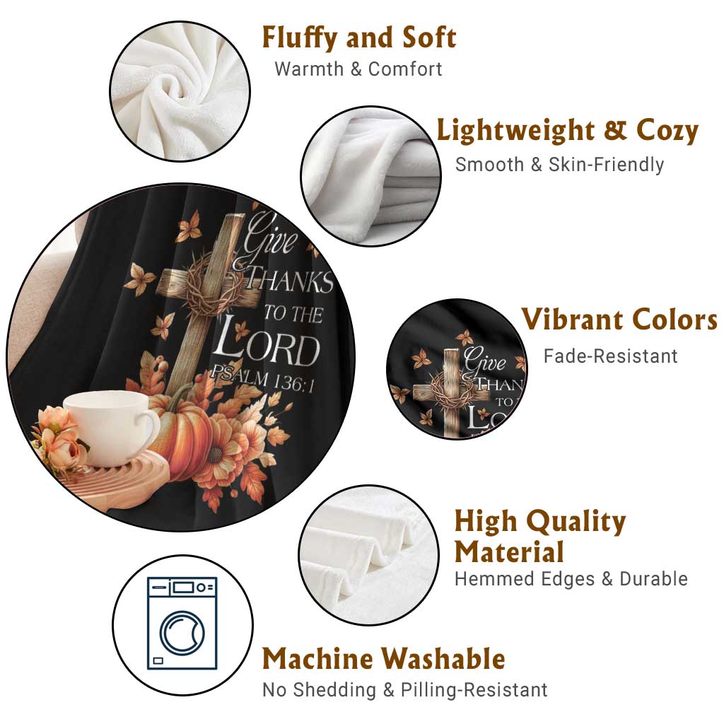 Thanksgiving Christ Throw Blanket Give Thanks To The Lord Psalm 136:1 Pumpkin Cross - Wonder Print Shop