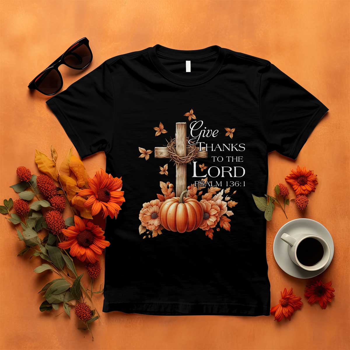 Thanksgiving Christ T Shirt Give Thanks To The Lord Psalm 136:1 Pumpkin Cross - Wonder Print Shop